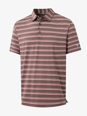 3D view of WINE RED STRIPE Performance Yarn Dye Striped Polo showing striped pattern and fit