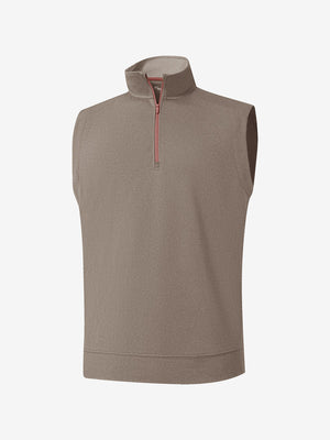 3d view of garment in brown melange  lightweight sleeveless quarter zip golf vest