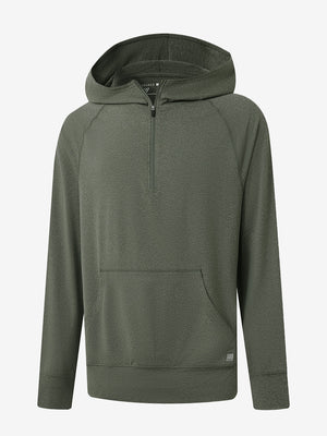 3D front view of the Quarter Zip Hoodie with Kangaroo Pocket in Olive Green Heather, athletic casual style.