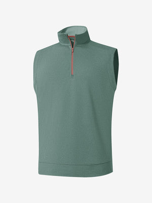 3d view of garment in dark green melange lightweight sleeveless quarter zip golf vest