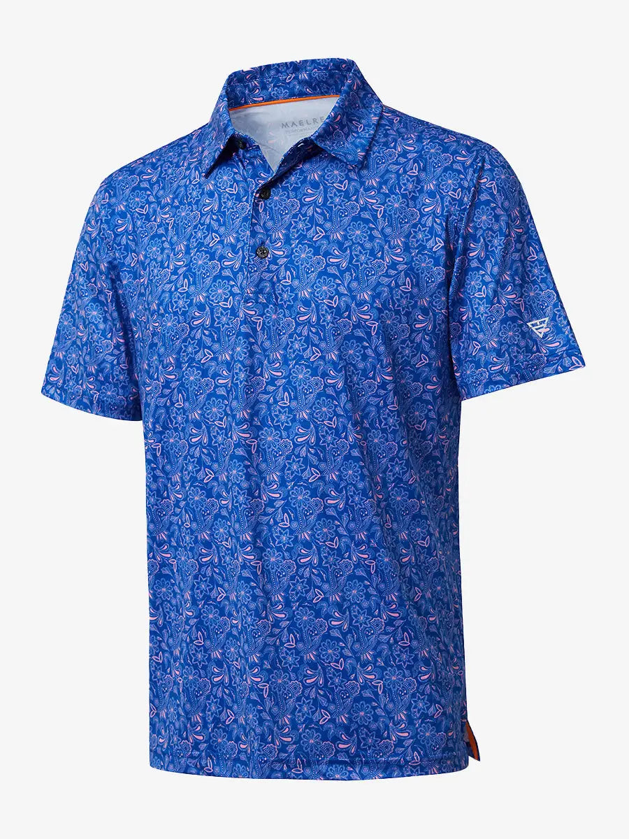 3D view showing the navy blue paisley patterned model polo shirt, a perfect combination of vintage and sporty vibe for the modern golf game.