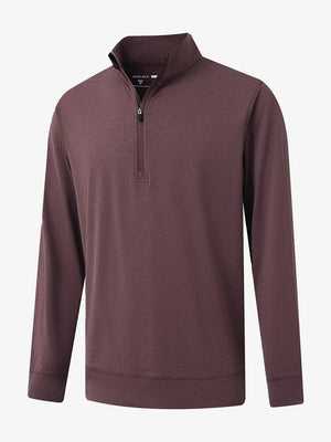 3D view of BRICK HEATHER Quarter Zip Melange Pullover showing shape and melange pattern.