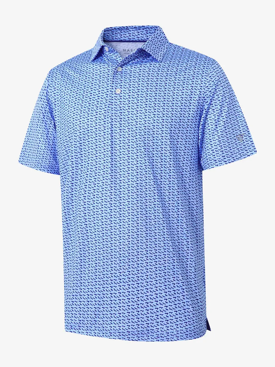 3D view showcasing the blue navy dogs pattern polo, highlighting its dynamic design and comfortable fabric.