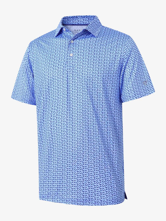 3D view showcasing the blue navy dogs pattern polo, highlighting its dynamic design and comfortable fabric.