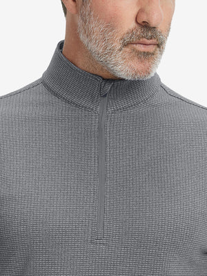 Close-up of collar and fleece lining on casual fleece lined quarter zip pullover in grey.