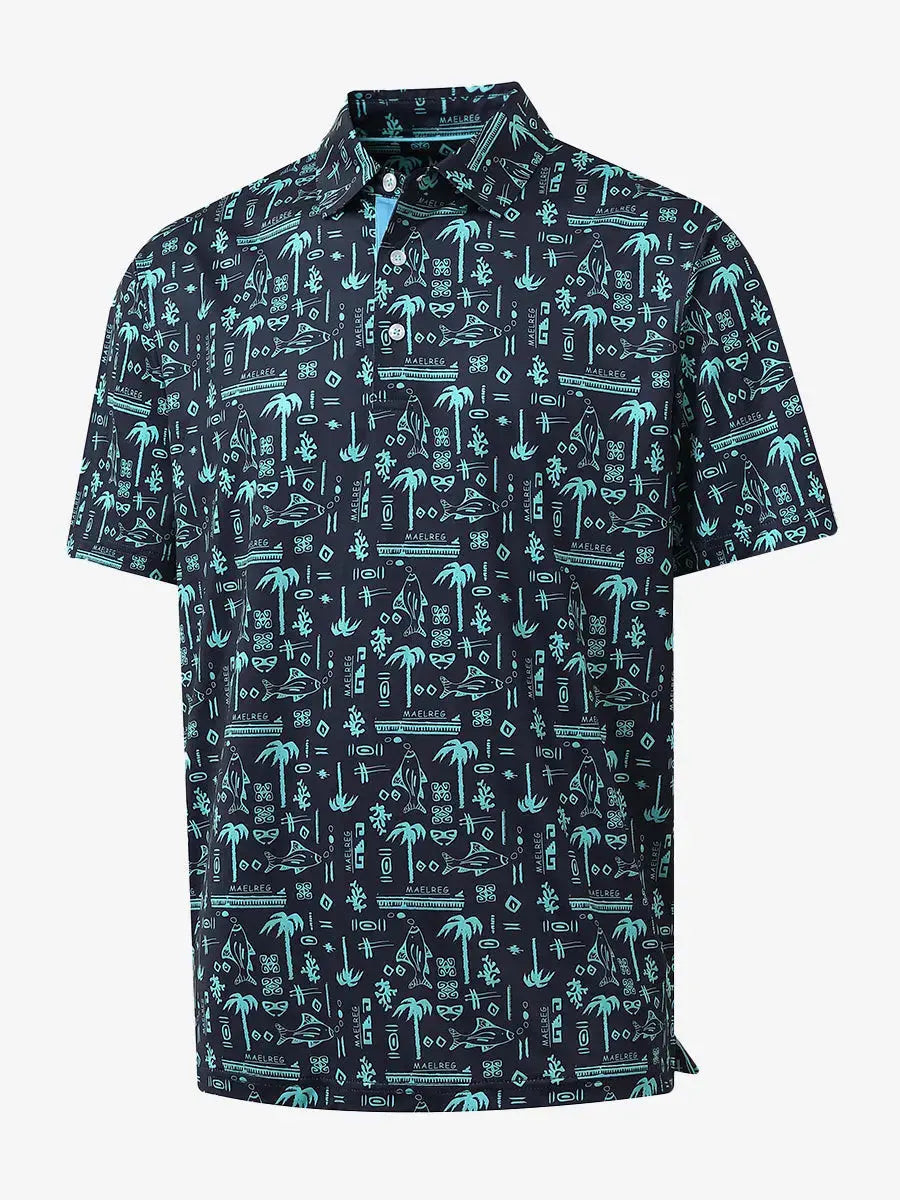 3D view of MAELREG Performance Jersey Print Polo in Navy Ocean Beach – breathable golf fabric