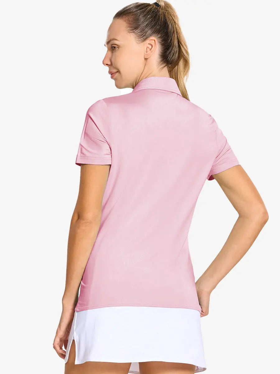 Back-side half-body shot of model in PINK Women's Performance Solid Polo, looking over shoulder