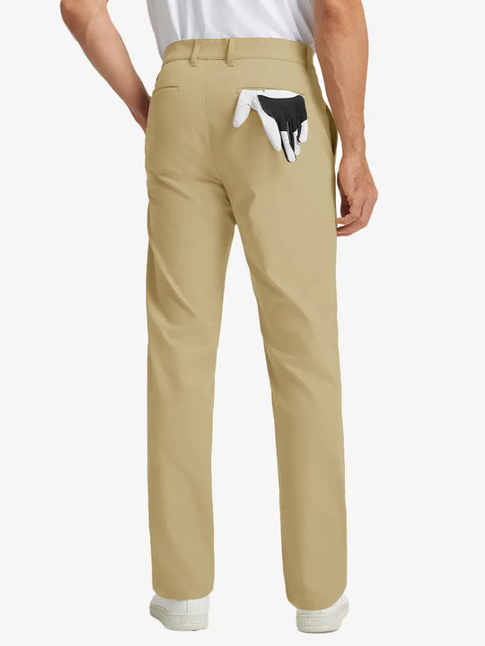 Rear lower leg view of Water Repellent 8 Pockets Pants in KHAKI，showing fabric texture and fit.