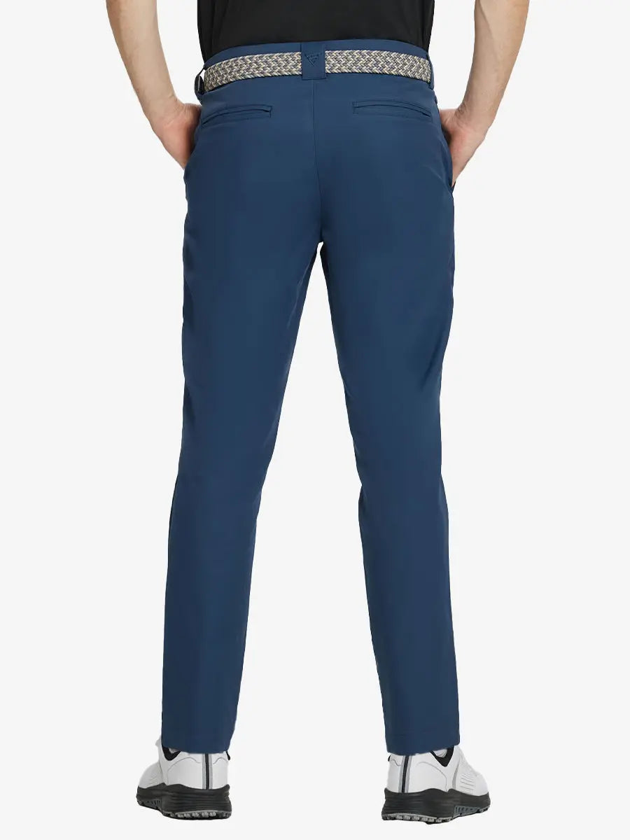 BLUE INDIGO Water Resistant Everyday Pants back view, model's lower body with both hands in pockets