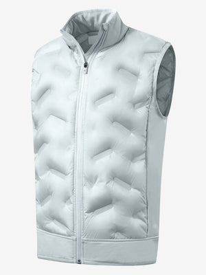 Boys full-zip fleece-lined puffer vest in light grey, front 3D view highlighting clean structure and fabric