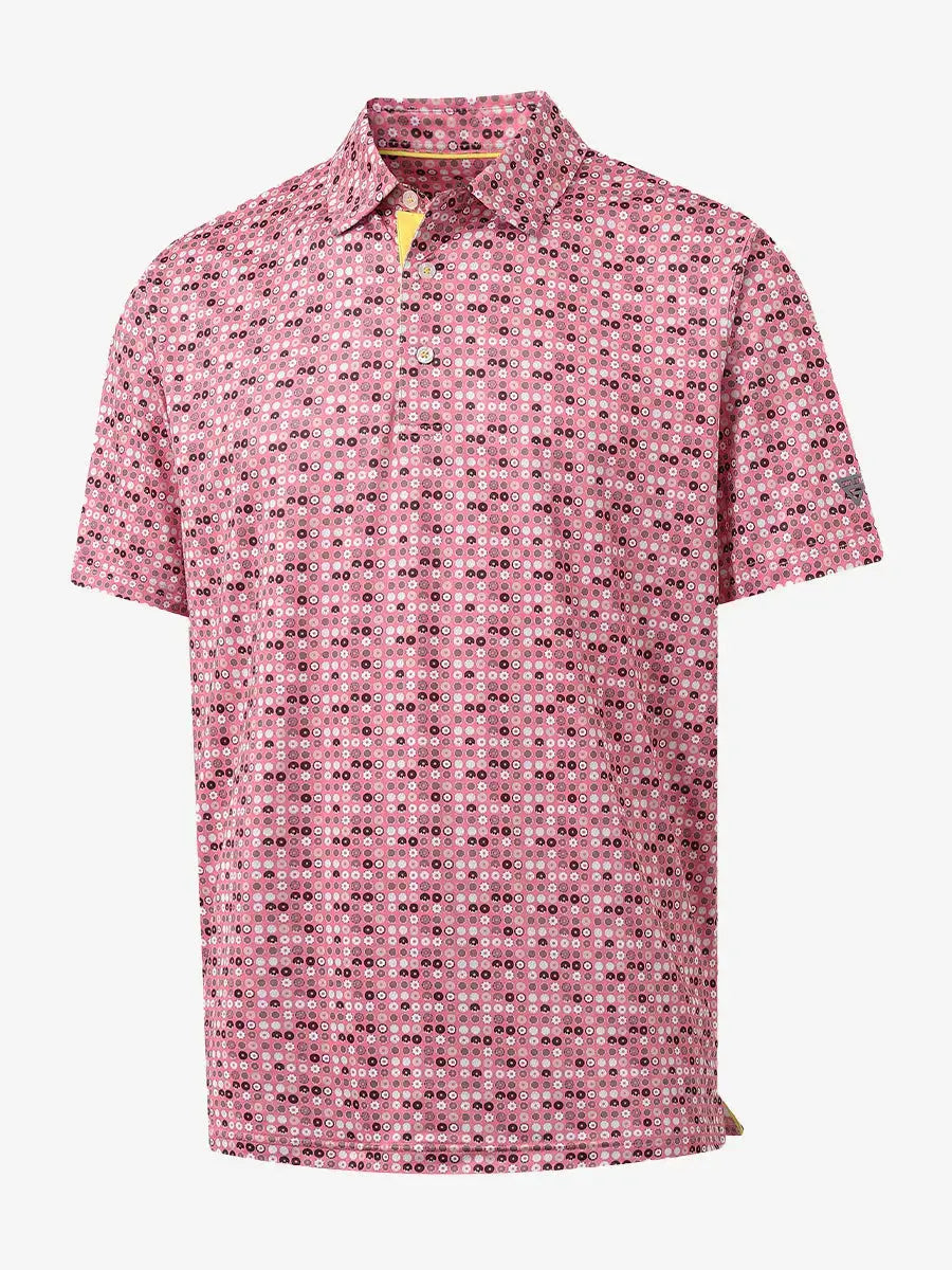 3D view of MAELREG Performance Jersey Print Polo in Pink Donut – breathable golf fabric