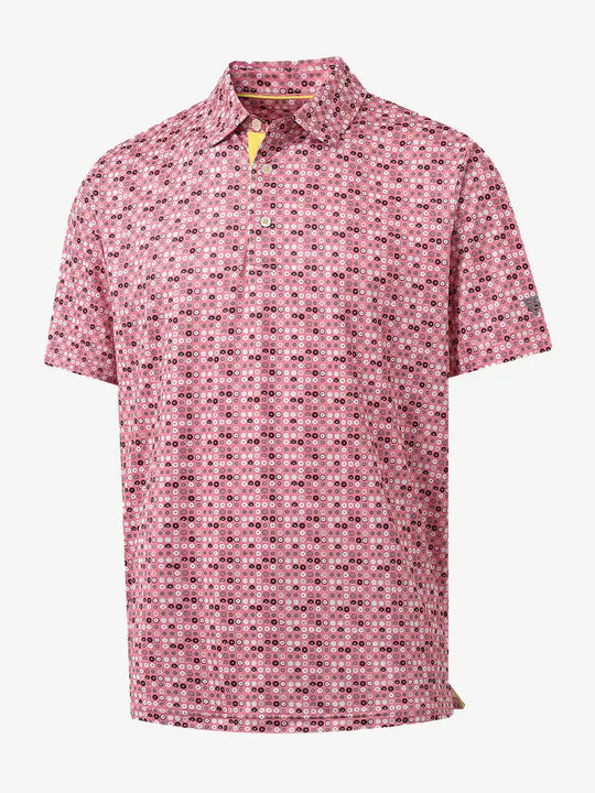3D view of MAELREG Performance Jersey Print Polo in Pink Donut – breathable golf fabric