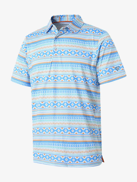 3D view of BLUE ETHNIC Performance Quick Dry Print Golf Polo showing texture and fit.