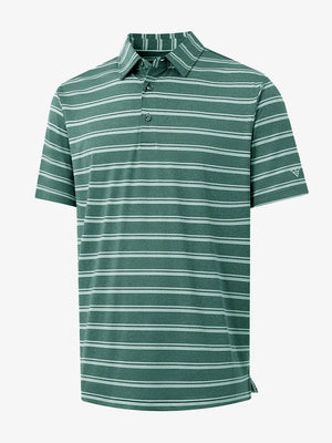 3D view of DARK GREEN STRIPE Performance Yarn Dye Striped Polo showing striped pattern and fit