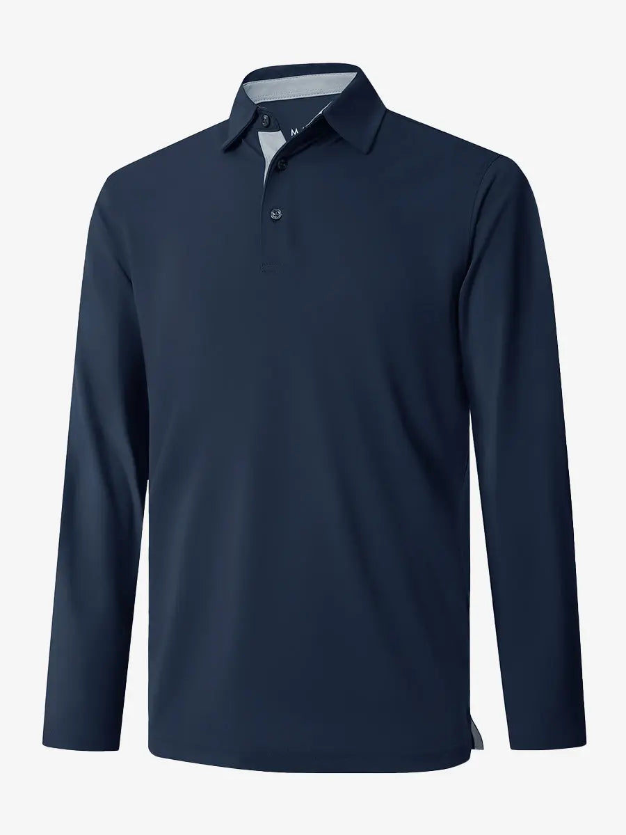 3D view of the olive green long sleeve pique polo, showcasing its natural design and comfortable fit.