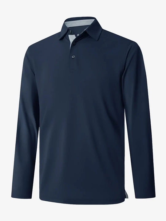 3D view of the olive green long sleeve pique polo, showcasing its natural design and comfortable fit.