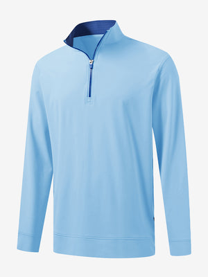 3D front view of the lightweight golf quarter zip pullover in light blue, clean and athletic design.