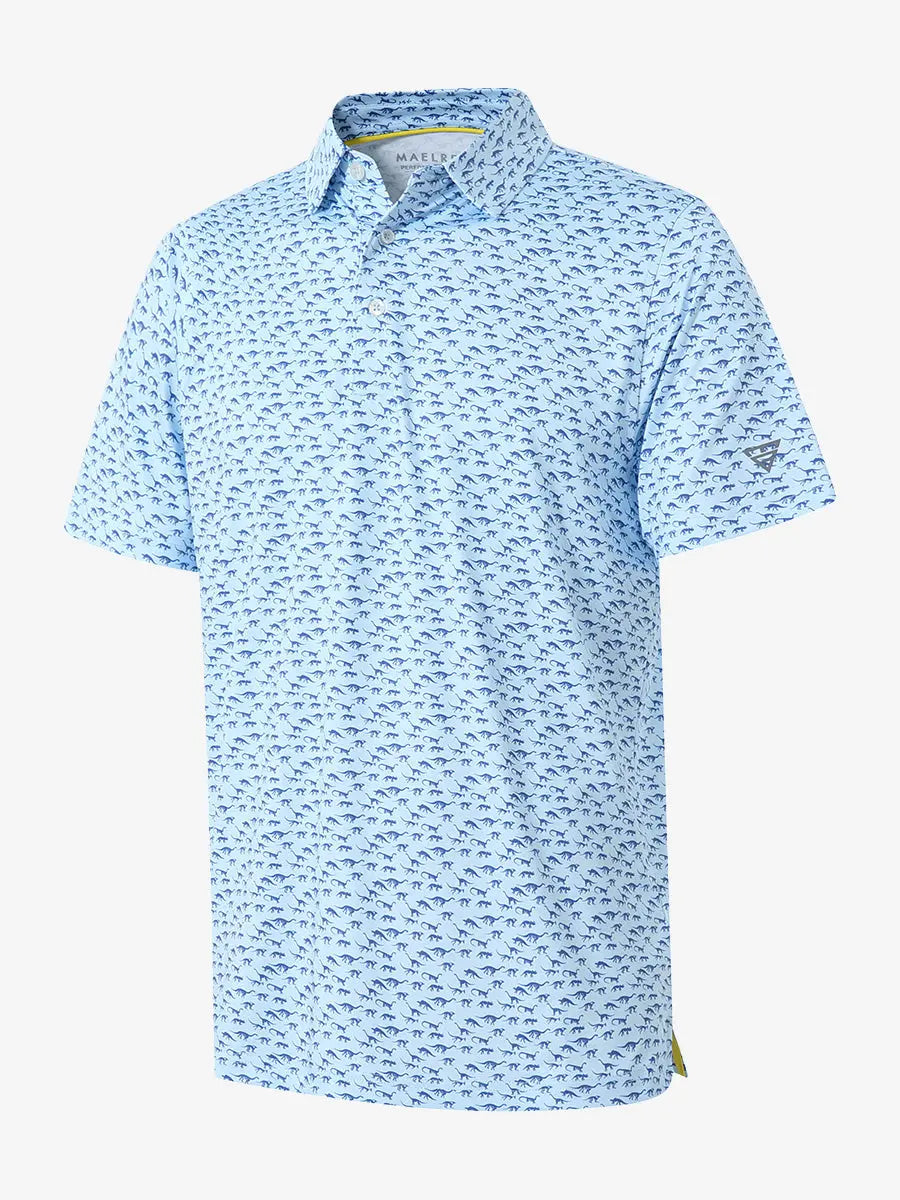 3D view of BLUE DINOSAUR Performance Quick Dry Print Golf Polo showing texture and fit.