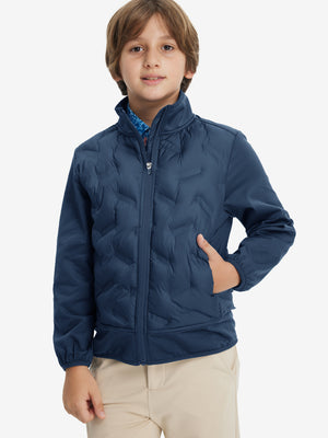 Boys windproof puffer jacket with pockets in dark blue, model front upper-body with one hand in pocket.