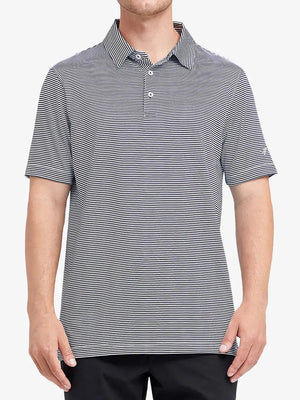 Model wearing Cooling Stripe Golf Shirt in NAVY STRIPE, half-body front view with relaxed pose