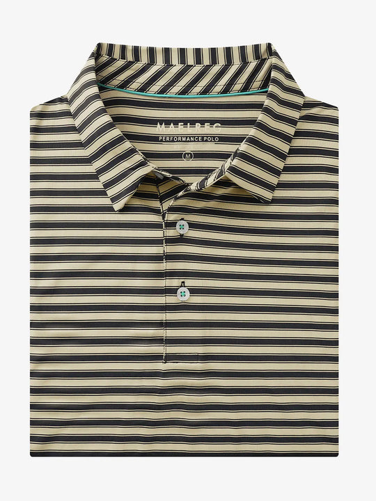 3D rendering of the Black Khaki Yarn Dyed Stripe Polo highlighting the textured yarn-dyed stripes