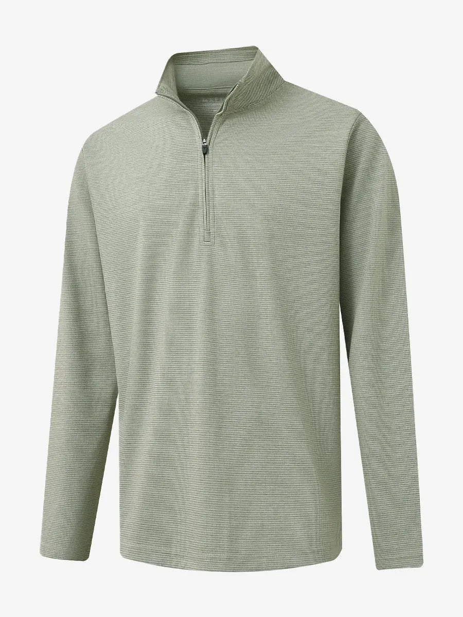 3D view of SAGE GREEN HOUNDSTOOTH Premium Jacquard Quarter Zip Pullover showcasing texture and fit.								
