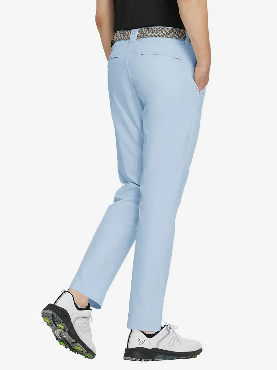 LIGHT BLUE Water Resistant Everyday Pants back view, model's lower body with both hands in pockets