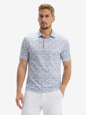 Front waist-up shot of model wearing colorful graffiti performance quick dry print golf polos