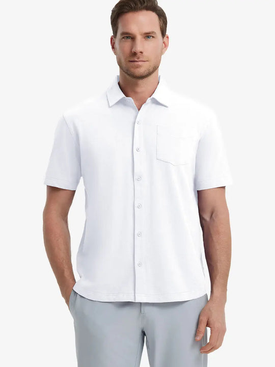 Model half-body front view wearing WHITE Cotton Blend Plain Shirt.