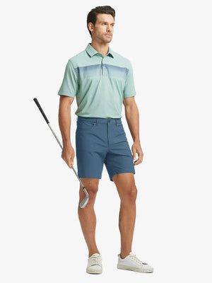 GRAYISH BLUE 4-way Stretch Performance Solid Shorts, golfer full-body front with club, 7 Inch length