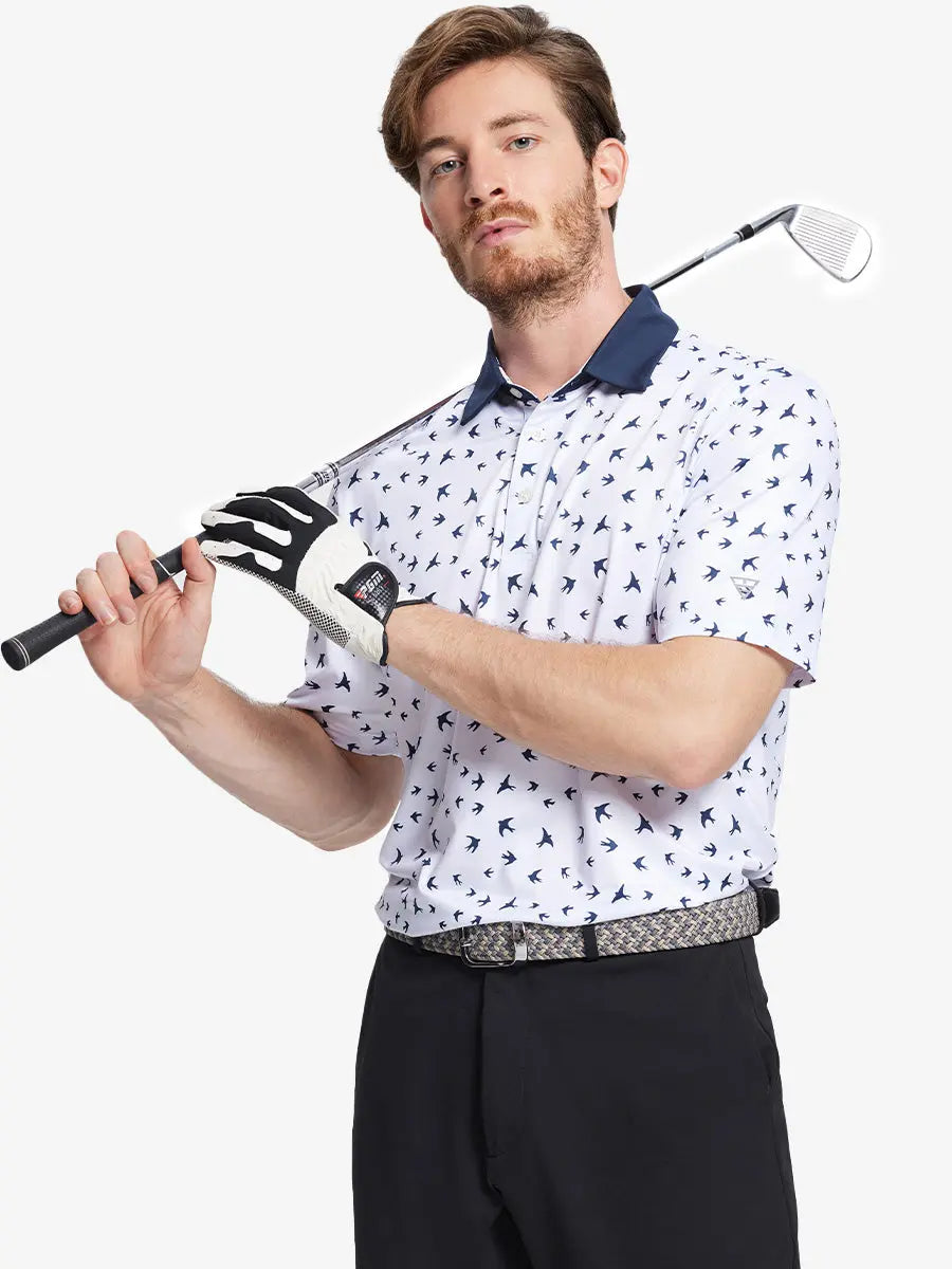 The model shows the front half-length image of the WHITE NAVY SEAGULL golf polo shirt, paired with a golf club, showing a sporty and elegant temperament