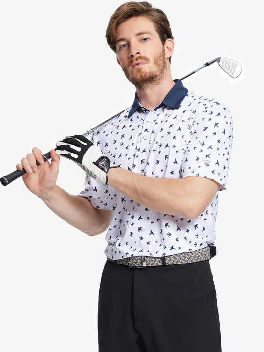 The model shows the front half-length image of the WHITE NAVY SEAGULL golf polo shirt, paired with a golf club, showing a sporty and elegant temperament