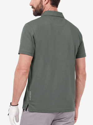 Back upper body shot of model wearing grey ultra-comfort slim fit roma knit polo shirts
