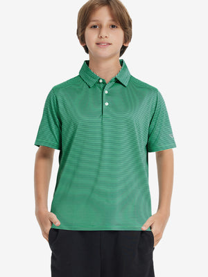 Front half-body shot of youth in green stripe performance cooling polo, highlighting design and fit