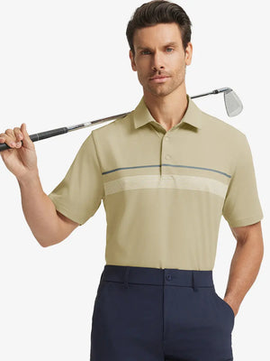 Half-body front view of model holding golf club wearing DARK KHAKI Stylish Chest Print Snap Polo