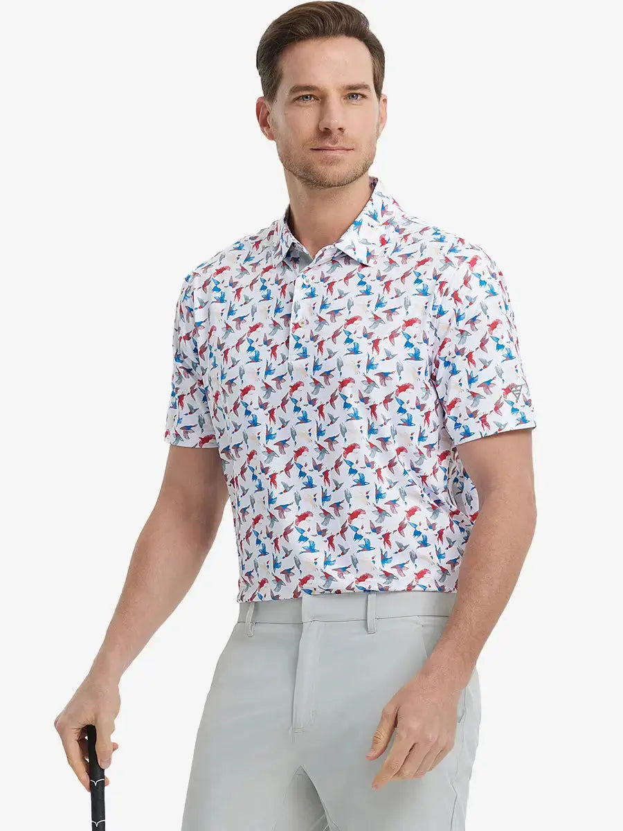 MAELREG Men's Performance Jersey Print Polo in Colorful Wild Goose – front half-body with golf pose