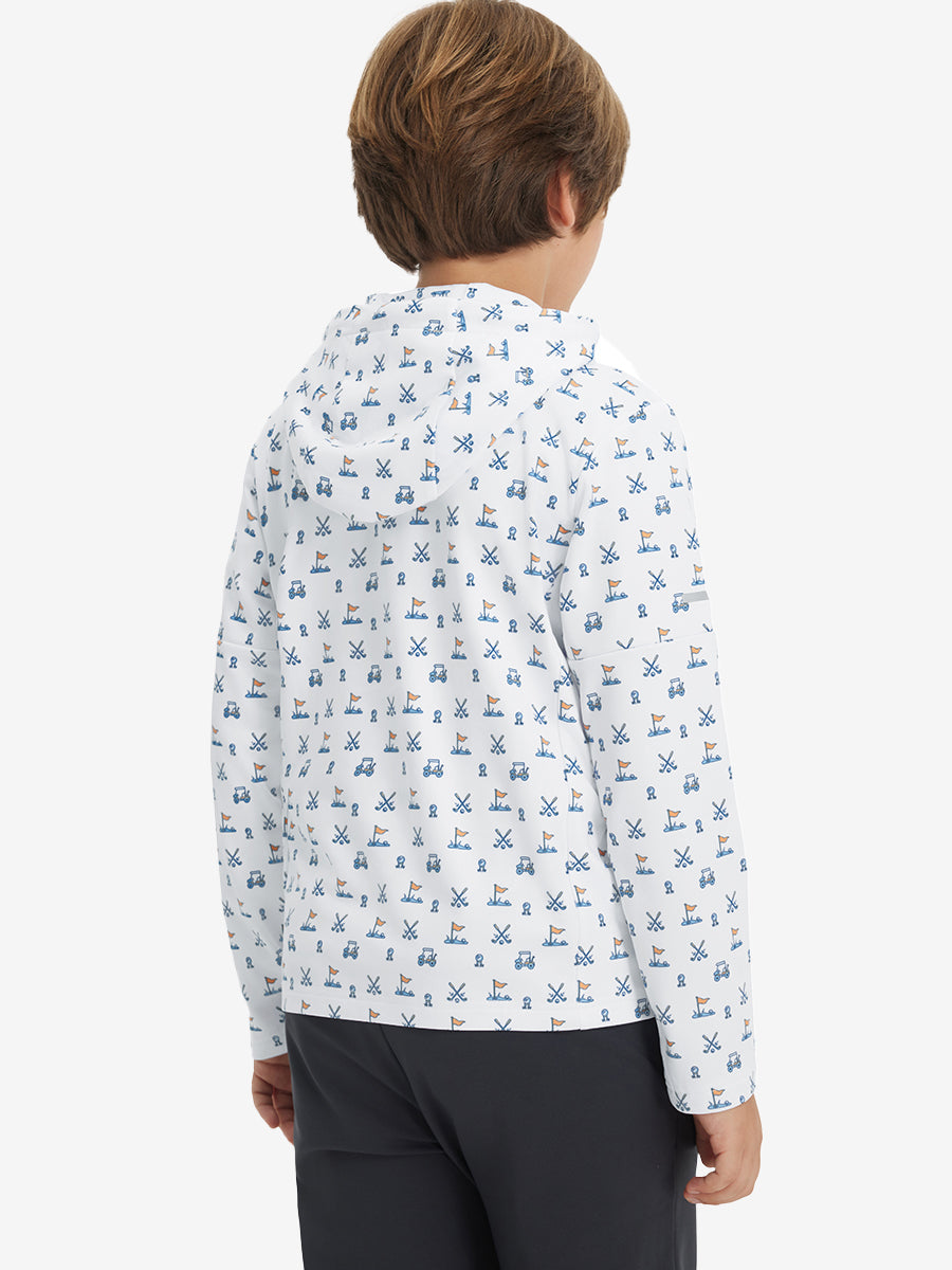 Back upper body view of model wearing youth full print stylish hoodies pullover, white golf.