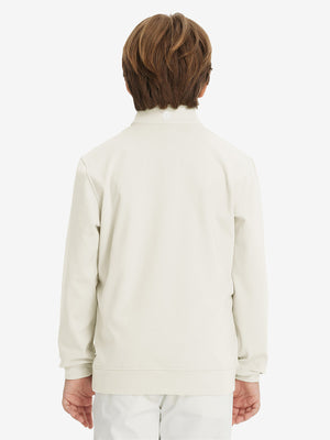 Youth Winter Micro-fleece Quarter Zip Pullover in beige, youth model back upper body view