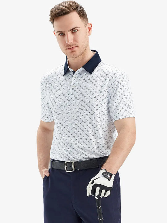 Half-body front view of model with hand in pocket wearing WHITE NAV CLUE Performance Quick Dry Print Golf Polo.