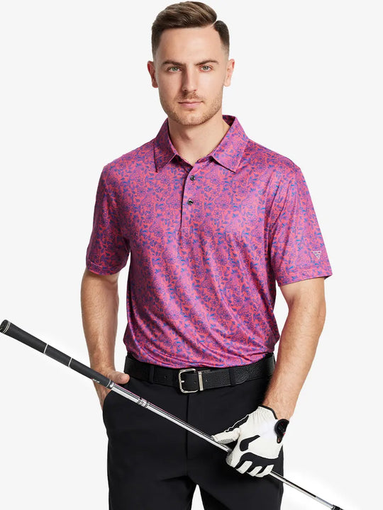 Model showcases the coral paisley pattern polo shirt, highlighting its elegant and soft design.