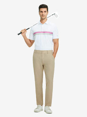 Full-body shot of model holding golf club, styled with quick dry casual dress pants in khaki.
