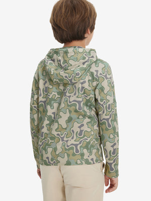 Back upper body view of model wearing youth full print stylish hoodies pullover, beryl green camo.