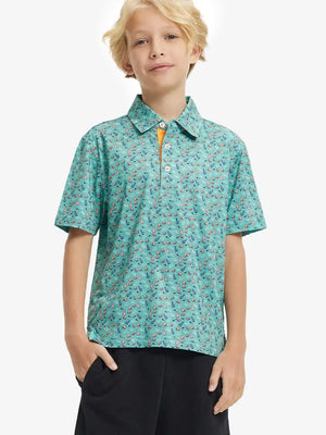 Front half-body shot of boy model in GREEN RUGBY Performance Print Boys Golf Polo, ready to play