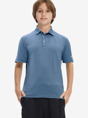 Front upper view of Kids stripe golf polos showing crisp stripes in blue denim stripe