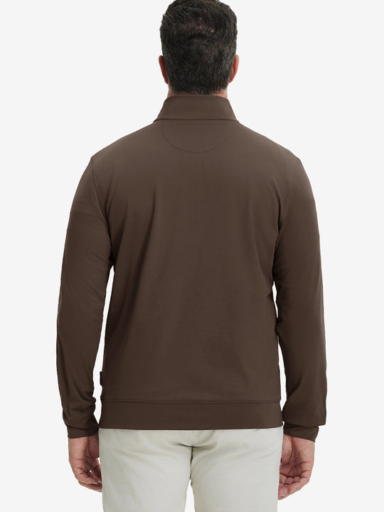 Back upper body view of the coffee brown lightweight golf pullover, model turns head slightly with ease.