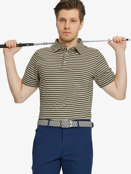 Front half-body shot holding golf club in Black Khaki Yarn Dyed Stripe Polo – balanced and contemporary