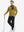 Model holding golf club, dressed in full zip fleece hoodied jacket in yellow, sporty and casual.