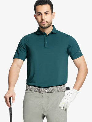 Model in TURQUOISE STRIPE Pinstripe Jersey Performance Polo holding golf club, front half-body view								
