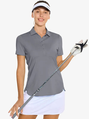 Front half-body of model in LIGHT GREY Women's Performance Solid Polo holding golf club