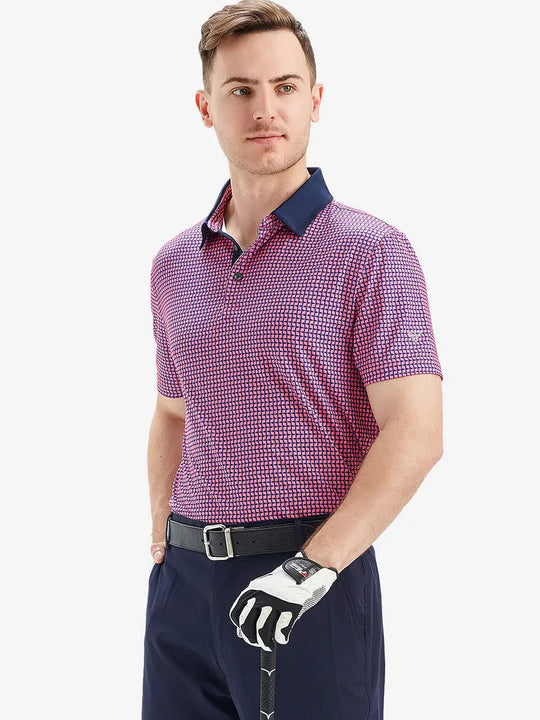 The model shows the front half-length image of the SORBET FLAGPOLE golf polo shirt, paired with a golf club, showing a sporty and elegant temperament